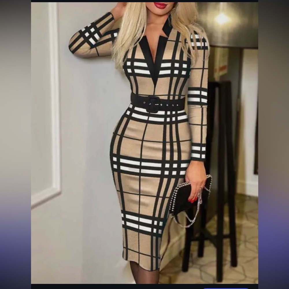 Elegant Tan and Black Plaid Dress